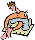 Stylized illustration of a person operating a sewing machine