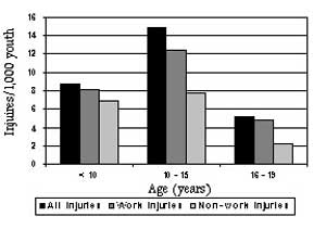 Non-fatal injury rates (per 1,000) for youth living on Hispanic farms by age group, 2003.