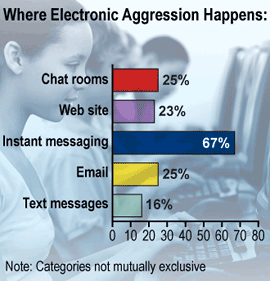 Chart: Where Electronic Aggression Happens: Chat rooms 25%, Web site  23%, Instant messaging 67%, Email 25%, Text messages 16%