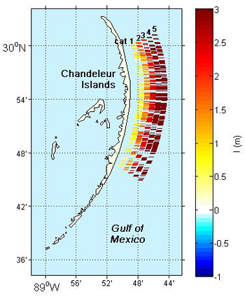 Inundation potential for the Chandeleur Islands, LA.