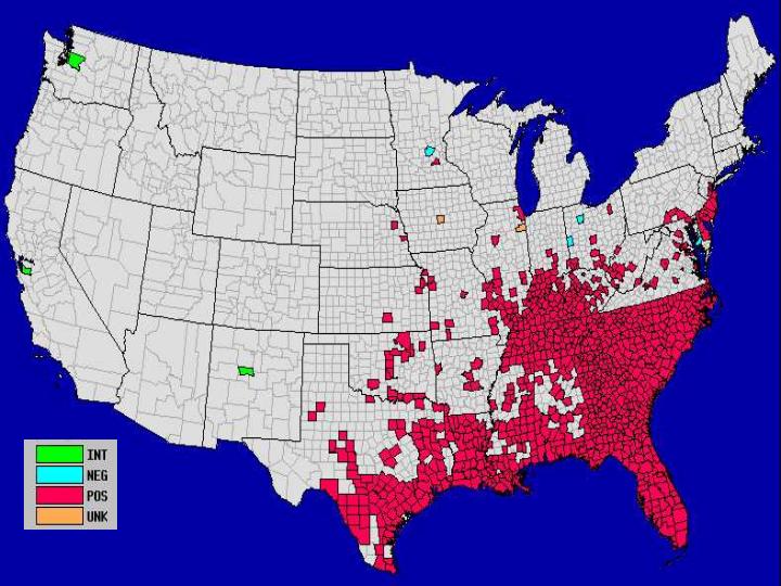 Map: Distribution of Aedes albopictus in the United States, by County, 2000