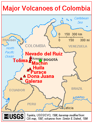 Map of Major Volcanoes of colombia