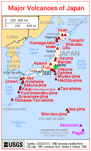 Map of Major Volcanoes of Japan