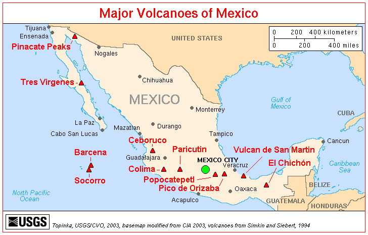 Map of Major Volcanoes of Mexico
