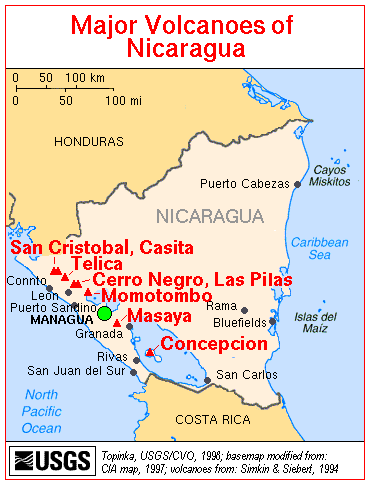 Map of Major Volcanoes of Nicaragua