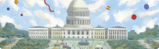 Illustration of the capitol building, with balloons in the surrounding sky