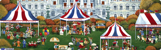 Illustration of people in old-fashioned clothes, under pavilions (tents) at the National Book Festival.