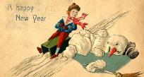 A 1910s Happy New Year postcard depicts a child running over a snowman.