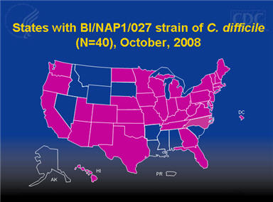 Map illustrating the States with the North American Pulsed Field Type 1 strain of C. difficile confirmed by CDC as of October, 2008
