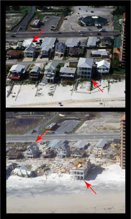 photo of destroyed houses on top of a dune