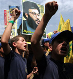 Hezbollah supporters chant slogans during a demonstration in Tehran, Iran.