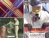 Asbestos fibers, workers in protective coveralls, respiratory protection, and gloves cleaning up asbestos