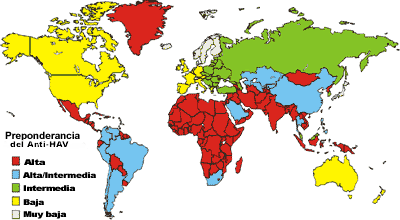 Mapa que muestra las tasas de prevalencia de la hepatitis A