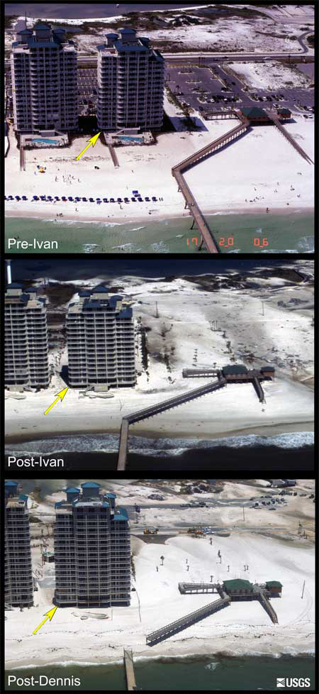 Pre-Ivan, Post-Ivan, and Post-Dennis images showing overwash and walkover damage.