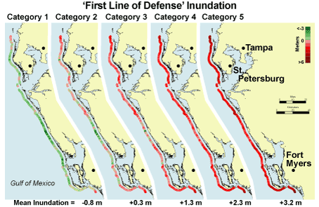 Maps showing the spatial variability of where worst-case storm surge exceeds the 'first line of defense' elevations for Categories 1 through 5 hurricanes for the west coast of Florida.