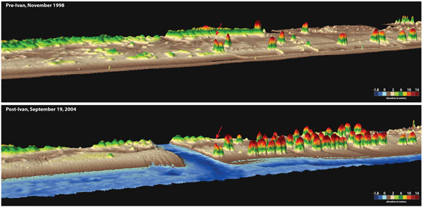 Lidar topography of Pine Beach, Alabama collected in November 1998 and on September 19, 2004