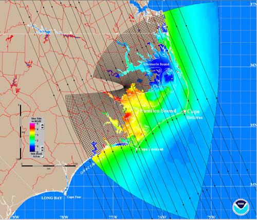 Modeled, maximum surge elevations, as simulated by the National Oceanic and Atmospheric Administration Sea, Lake and Overland Surges from Hurricanes model, for a category 3 hurricane making landfall in the Pamlico Sound basin of North Carolina at a forward speed of 15 meters per second