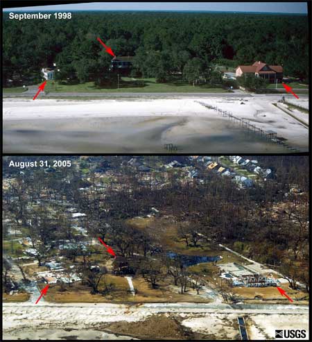 before and after photos showing detroyed large oceanfront homes