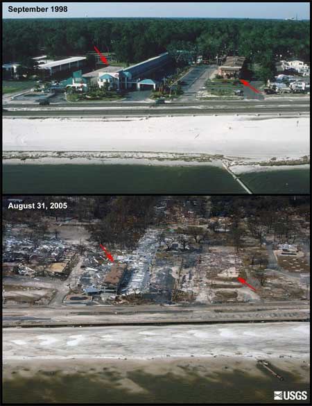 before and after photos showing an area where the only structure left standing is a small portion of a hotel