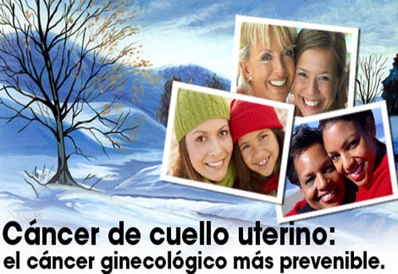 Tres fotografías de madres e hijas con fondo de paisaje nevado. Cáncer de cuello uterino: el cáncer ginecológico más prevenible.
Las pruebas de Papanicolau y la vacuna contra el VPH pueden prevenir el cáncer de cuello uterino. Más información sobre el cáncer de cuello uterino. [http://www.cdc.gov/spanish/cancer/cervical/]