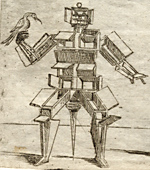 Box men on one-legged stools, with birds: Illustration from Braccelli's Bizzarie di Varie Figure.