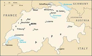 Map of Switzerland, courtesy of The World Factbook