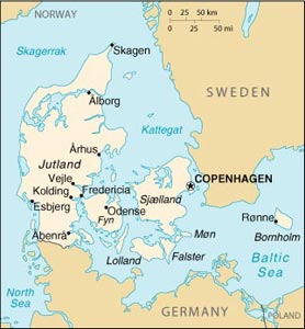 Map of Denmark, courtesy of The World Factbook