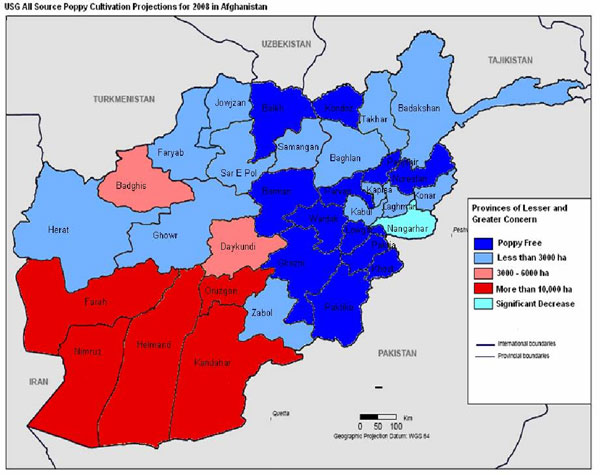 Map: All Source Poppy Cultivation Projections for 2008 in Afghanistan: Provinces of Lesser and Greater Concern--poppy free; less than 3000ha; 3000-6000ha; more than 10,000ha; significant decrease