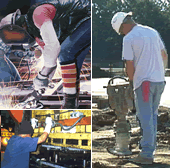 Welder bending over, press operator, worker operating jackhammer