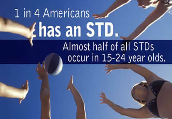 Front: Graphic of four people playing ball.  Text: 1 in 4 Americans has an STD.  Almost half of all STDs occur in 15-24 year olds.

Inside: Many STDs have no signs or symptoms.  The only way to know is to get tested.  Visit www.cdcnpin.org/stdawareness to find testing centers near you.
