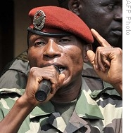 Junta leader, Captain Moussa Dadis Camara, speaks at meeting at Camp Alpha Yaya Diallo military camp in Conakry, 27 Dec 2008