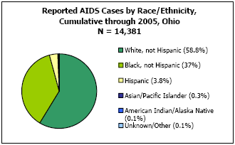 Reported AIDS Cases by Race/Ethnicity, Cumulative through 2005, Ohio N = 14,381 White, not Hispanic - 58.8%, Black, not Hispanic - 37%, Hispanic - 3.8%, Asian/Pacific Islander - 0.3%, American Indian/Alaska Native - 0.1%, Unknown/Other - 0.1%