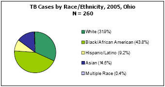 TB Cases by Race/Ethnicity, 2005, Ohio N = 260 White - 31.9%, Black/African American - 43.8%, Hispanic/Latino - 9.2%, Asian - 14.6%, Multiple Race - 0.4%