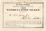 Geneva College, Rutgers Medical Faculty, Matriculation ticket, New York, 1827, 8 x 11.8 cm.