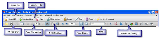 Graphic labeling the Adobe Acrobat menus, tool bars, icons and other controls.