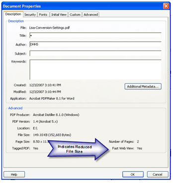 Graphic of the Document Properties dialogue window. Under the Description tab, a callout box points to the Fast Web View displaying a yes. This indicates that the file size is reduced.