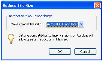 Graphic of the Reduce File Size dialogue window. Make compatible with 8.0 and later is selected.