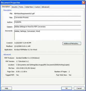 Graphic of the Document Properties box. The Description tab and content is displayed.
