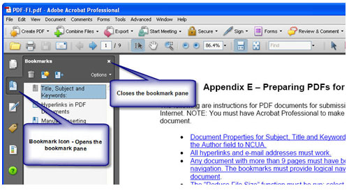 Graphic of a screen shot showing the Bookmarks pane. A callout box points to the x used to close the bookmark pane. A second callout box points to the Bookmark icon used to open the bookmark pane.