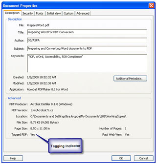 Graphic of the Document Properties dialogue window. Under the Description tab, a callout box points to the Tagging Indicator displaying a 