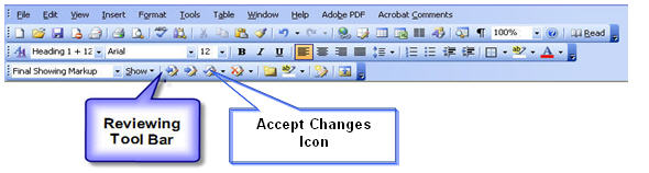 Graphic showing the Reviewing Tool bar with a callout box pointing the the Accept Changes icon.