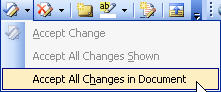 Graphic displaying options to select from the pull down menu when the Accept Change icon has been clicked. Accept All Changes in Document choice has been selected.