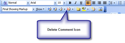 Graphic showing Reviewing tool bar with a callout box pointing the the Delete Comment icon.