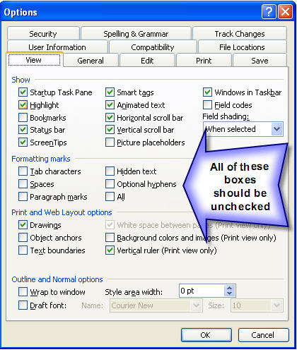 Graphic of the "Options" window, displaying the "View" tab. A callout box points to the "Formatting marks" section stat that all of the check boxes should be unchecked.