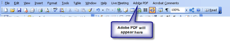 Graphic of the Menu bar with a callout box pointing the the Adobe PDF option.