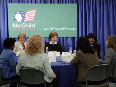 Secretary Spellings and Mrs. Bush participated in a roundtable discussion with Ohio teachers during Celebrating Teachers Week.  The discussion, held at the Thurber Center in Columbus, Ohio, highlighted the importance of teachers in children's lives.  Deepa Ganschinietz (far right), the 2006 Ohio Teacher of the Year, moderated the discussion.  White House Photo by Kimberlee Hewitt