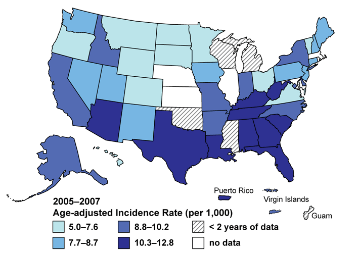 Map: 2005-2007 Age-adjusted Incidence Rate (per 1,000)