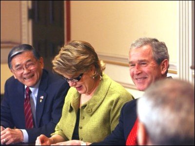 President Bush, Secretary Mineta, and Secretary Spellings at the first meeting of the Academic Competitiveness Council, which was held at the White House.  Secretary Spellings chairs the Council, established by the Deficit Reduction Act, which President Bush signed into law on February 8.  The Council aims to gauge effectiveness and improve coordindation among federal math and science programs.