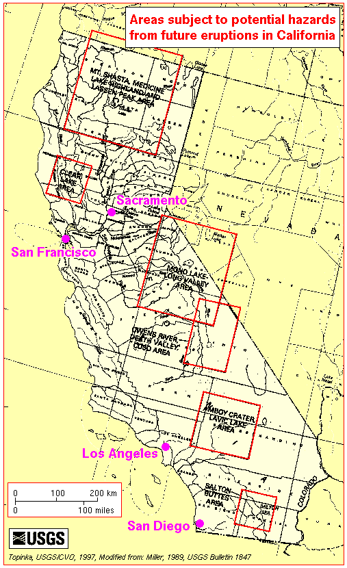 Map, potential areas of volcanic hazards in California