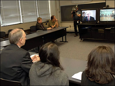 Deputy Secretary Simon participates in a videoconference on critical languages at Sprague Technology Center in Annandale, Virginia. He was joined by students learning Arabic from Hayfield Secondary School, who spoke via teleconference with students from Tunis, Tunisia, and Beirut, Lebanon. This teleconference, which was carried out with the support of the American Council on the Teaching of Foreign Languages (ACTFL), highlighted the importance of critical language education to American competitiveness and international education and cooperation during the U.S. Department of Education's seventh annual International Education Week.